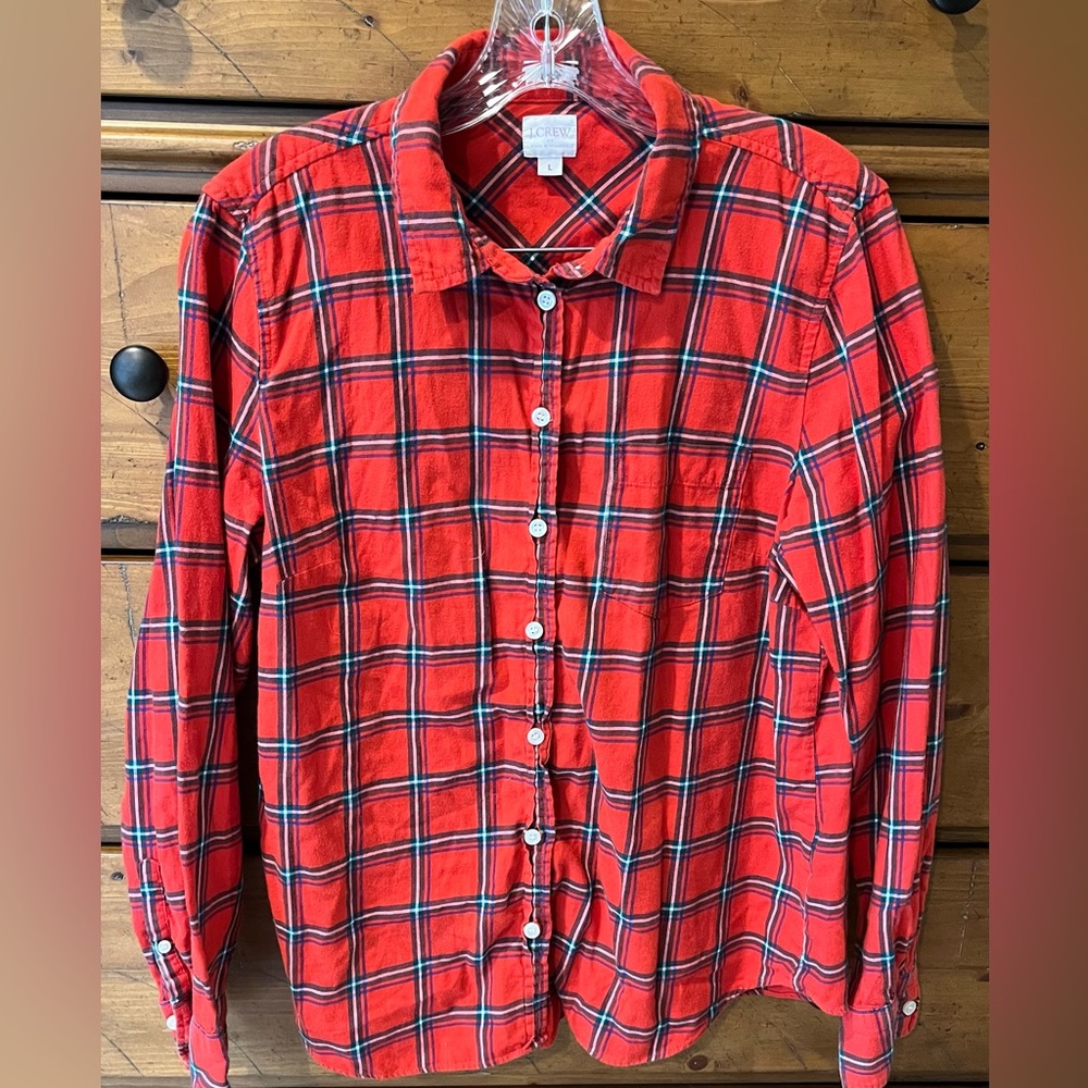 JCrew Womens Boy Fit Red & Green Button Down 100% Cotton Large